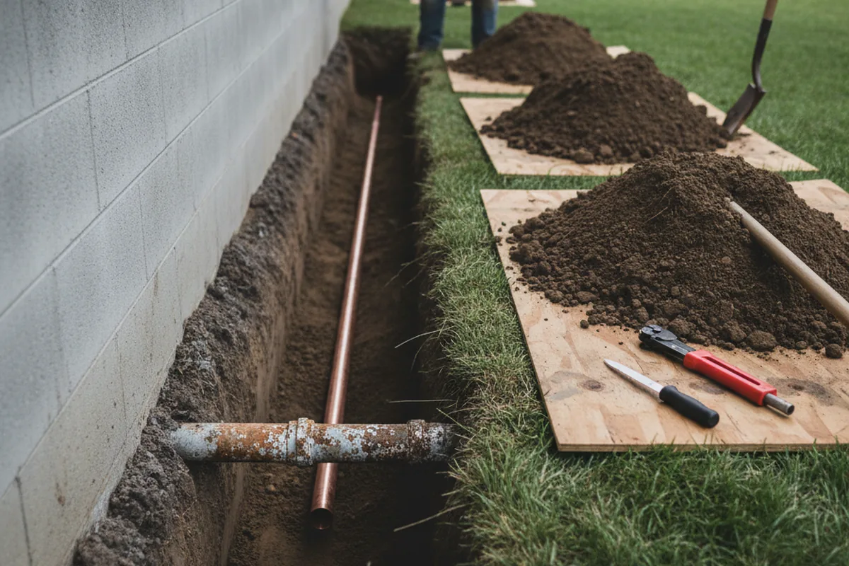 Excavated water line trench during Water Softener Installation in Pink Hill